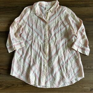 CHICOS No Iron 100% Linen Button Shirt Size 2‎ (US 12) Pink Striped Back Button